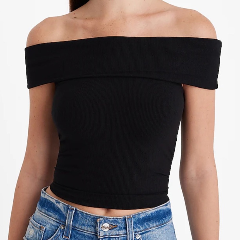 EXPRESS 🆕 NWT Fitted Ribbed Off the Shoulder Overlay Top, Women’s Large, Black